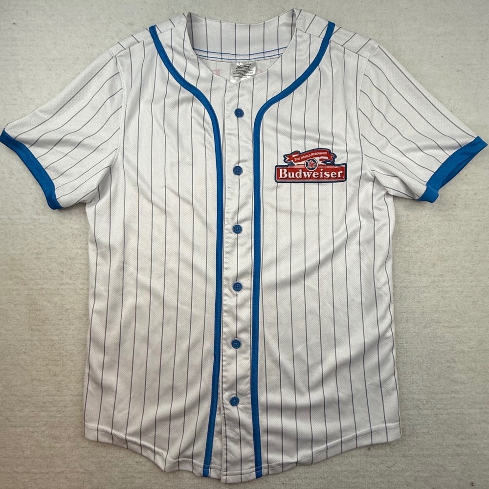 Budweiser Baseball Jersey Mens Small White Blue Pinstripe King of Beers Graphic - Picture 3 of 9